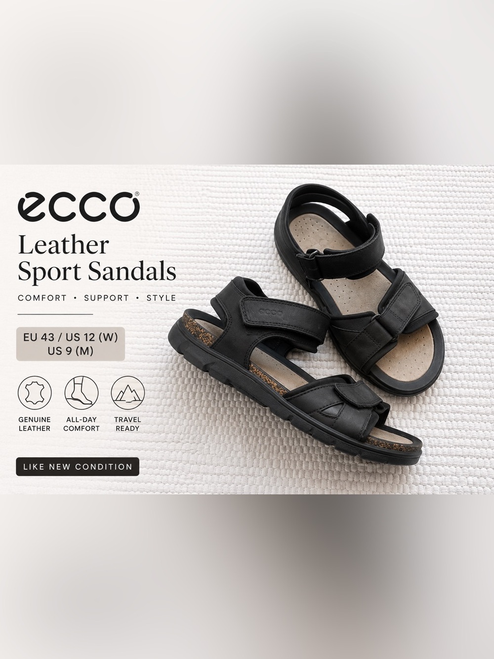 ECCO Leather Sport Sandals Black EU 43 US 12 Comfort Travel Sandals